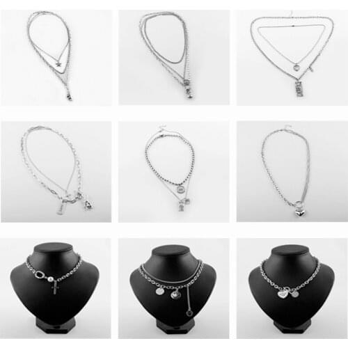 Multi Layer Punk Necklace Cute Heart Loceset Crossing Dog Tag Logo Smile Face Star Pendant Jewelry Party Accessory for Friends