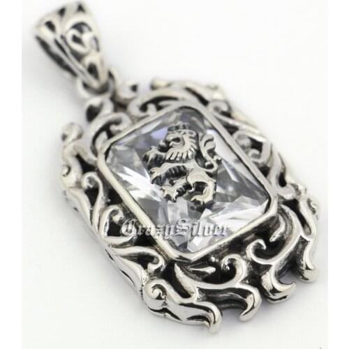 LINSION 925 Sterling Silver Lion On White CZ Stone Mens Biker Rocker Punk Pendant 9R019
