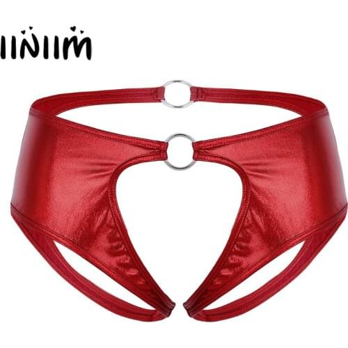 Women Lingerie Femme Soft Faux Leather Crotchless Jockstrap Low Rise Briefs Underwear Open Crotch Sexy Panties with O-Rings