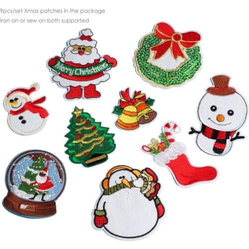 9pcs/set Xmas embroidered Iron on Patches for Clothes Embroidery Parche Stickers Clothing Applique Decoration Fabrics Badge