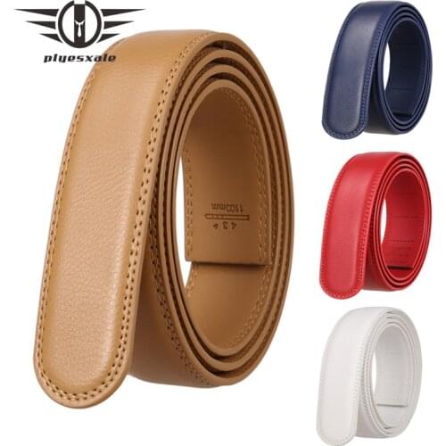 Plyesxale Cowhide Genuine Leather Belt For Men No Buckle Mens Holeless Ratchet Belts White Khaki Blue Red Luxury Brand B471