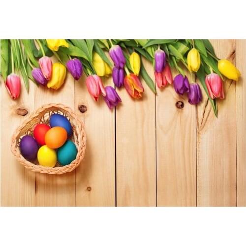 Professional Backdrops Easter Eggs Straw Love Basket Wood Floor Tulip Flower Children Photography Background Studio Backdrops