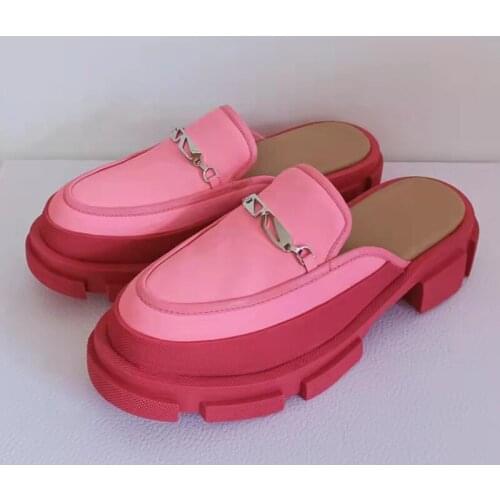 Round Toe Thick Bottom Half Slippers Women Spring Summer Tire Sole Casual Shoes Metal Chain Platform Comfort Soft Leather Slides