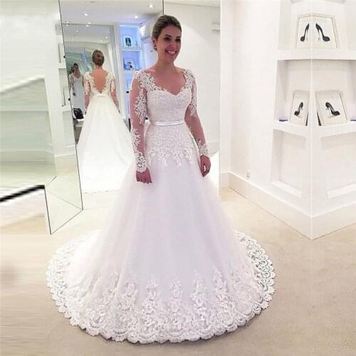 Long Sleeves Wedding Dresses 2020 Graceful Lace Appliques Bridal Gowns Sexy V-Backless A-Line Wedding Dress vestidos de novia