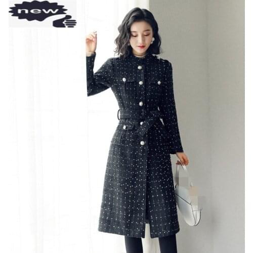 Womens Autumn Winter New Sweet Long Trench Coat Skirt O-Neck Sashes Pockets Spliced Tweed Vintage Fashion Woolen Outerwear