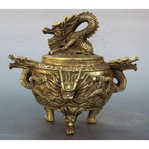 Vintage Brass Chinese Dragon Statue Incense Burner / Censer