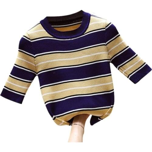 Women Summer Stripes Tshirt Slim Short Sleeved Round Neck Slim Bottom Knitted Tee Shirt Femme