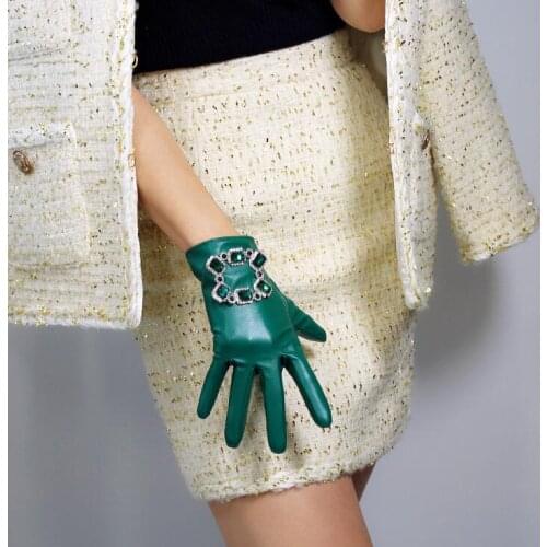 Womens blingbling diamonds buckle dark green pu leather glove female fashion touchscreen driving glove R2215