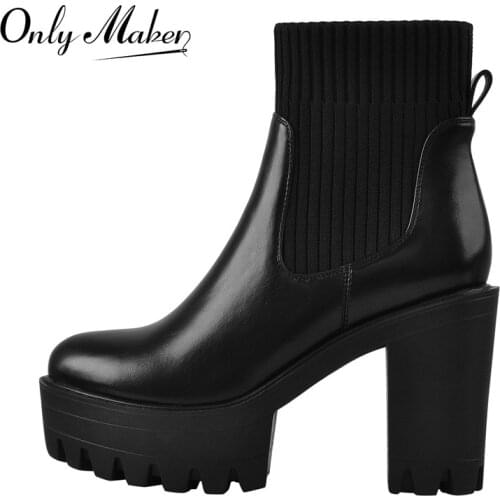 Onlymaker 2021 Concise Womens Slip-On Ankle Booties Platform Chunky High Heel Matte Black Soft PU Leather Sock Patchwork