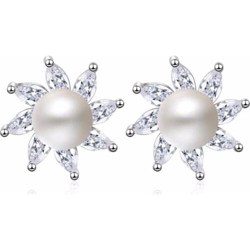 925 Sterling Silver Zircon Freshwater Pearl Noble Jewelry Wedding Glisten Engagement Lovely Sun Summer Women Stud Earrings