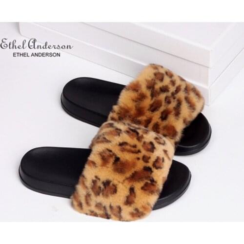 Women Real Rex Rabbit Fur Slippers Leopard Fluffy Summer Flat Slides Flip Flop Sandal Classic Design Sandal