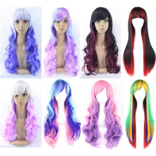 Women Comic Lolita Harajuku Cosplay Wig Long Curly Gradient Color Periwig Hair Bangs Hairnet Kanna Hashimoto Masako Aoki