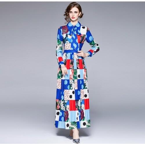 2021 Autumn Fashion Designer Flower Print Holidays Maxi Dress Women Full Sleeve Vintage Plaid Long Pleated Dress With Belt