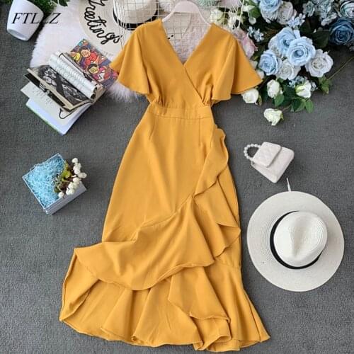 Trendy Vintage Irregular Ruffles Solid Yellow Black Red Dress Summer Sexy V Neck Women Dress Elegant Short Sleeve Vestidos