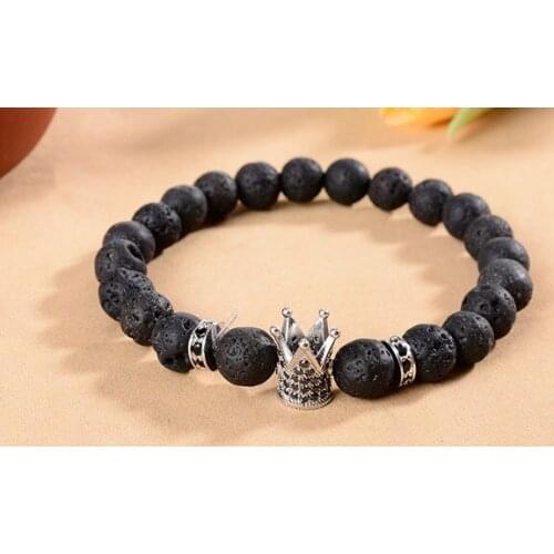 8mm jug3 Crown gold cz zircon cubic zirconia elastic adjusted black volcanic lava Bracelet Stone bead essential oils diffuser