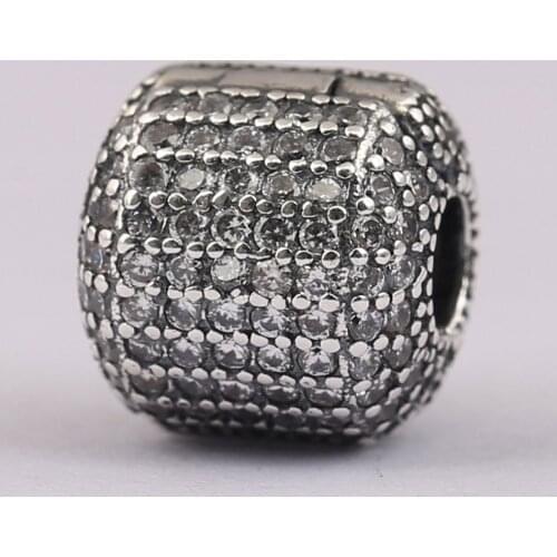 Authentic S925 Silver DIY Jewelry Pave Barrel Clips Stoppers Charms fit Lady Bracelets Bangle Crystal Clear CZ