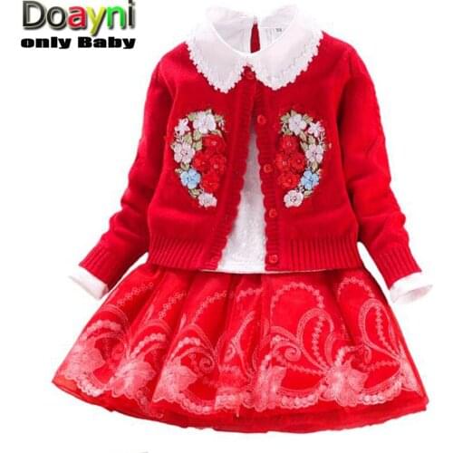Doayni Baby Girls Clothing Sets Knitted Sweater 3Pcs/Set Coat+T-shirt + Skirt Spring Long Sleeve StereoFlower Kids Clothing Sets