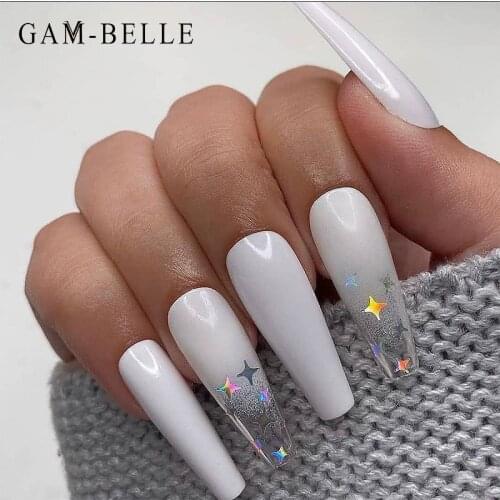 GAM-BELLE 24Pcs Holo Star Pattern False Nails White Gradient Long Ballerina Coffin Press On Nail Tips Manicure Beauty Tools