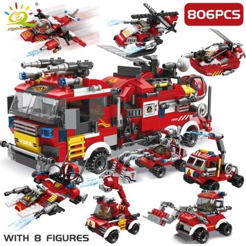 HUIQIBAO TOYS 806pcs Fire Trucks 8in1 Building Blocks Car Helicopter Boat set 8 Firefighter Figures City Bricks Children kid Toy
