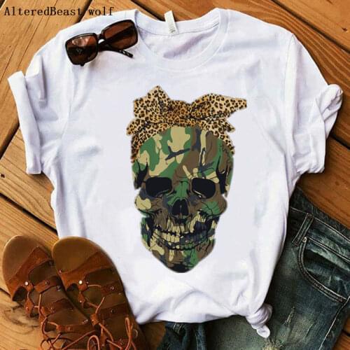 Camouflage Sugar Skull Leopard Bandana Mom T-shirt Women Funny Punk T Shirt Women Fashion Casual Short Sleeve Mama Clothes