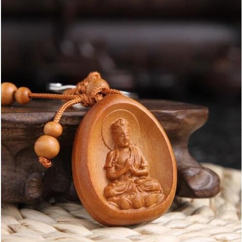 Chinese Peach Wood Carved Buddha Statue Exquisite Car Key Chain Pendant