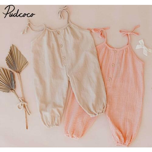 Pudcoco Cute Kids Newborn Baby Boy Girl Cotton Linen Romper Solid Sleeveless Striped Jumpsuit Outfit Summer Casual Clothes 0-24M