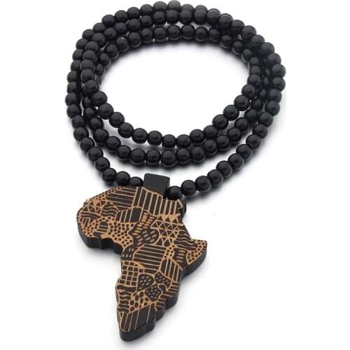 Natural Wood Round Beads Handmade Elastic Africa Map Engraved DIY Necklaces Vintage African Women Party Hiphop Rock Pop Jewelry