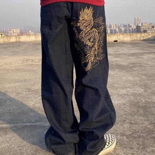 Y2k Skateboarding Street Dance Loose Retro jean Chinese Dragon Embroidered High Waist Jeans baggy jeans streetwear Womens pants