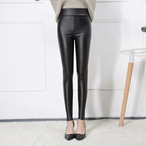 Fashion Women Winter PU Leather Patchwork Plus Thick plush Leggings Sexy Black Cotton Womens Sli Leggings