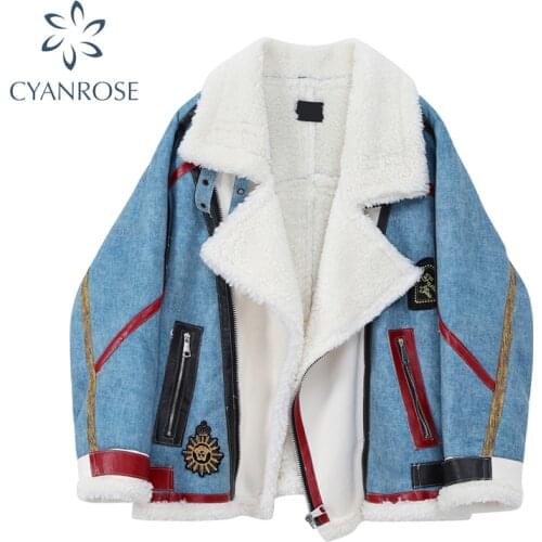 Motorcycle Coat Women Stand Collar Bandage Side Zipped Pocket Blue Vintage Thicken Jacket Outwear Sheepskin Lambswool Teddy Coat