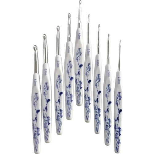 9Pcs Blue White Ceramic Handle Crochet Hooks Set Alumina Knitting Needles Kit DIY Yarn Sweater Craft Weave Sewing Tool