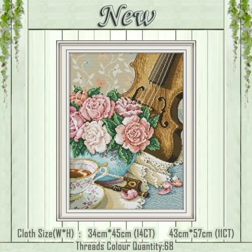 Violin flowers coffee paintings counted printed on the canvas DMC 11CT 14CT kits Chinese Cross Stitch embroidery needlework Sets