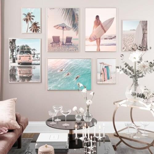Sunny Beach Bus Surf Palm Trees Wall Art Canvas Painting Nordic Posters And Prints Landscape Wall Pictures For Living Room Decor