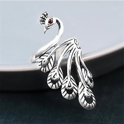 New Simple Nationality Style Retro Thai Silver Creative Peacock 925 Sterling Silver Jewelry Popular Crystal Opening Rings SR43