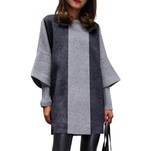 Wholesales Autumn Winter Women Half Sleeve Striped O Neck Loose Woolen Blouse Mini Dress
