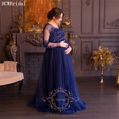 Royal Blue Plus Size Pregnant Women Evening Dress Long Sleeves High Waist Lace Tulle Maternity Dresses For Party Formal Gowns