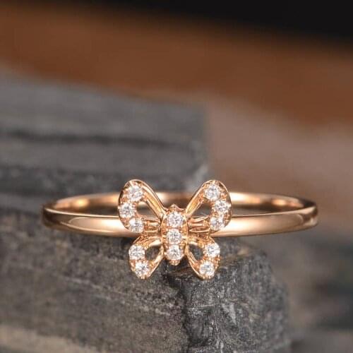 Luxury Rose Gold Color Hollow Out Crystal Butterfly Insect Rings with Rhinestone Zircon for Women Wedding Bridal Jewelry