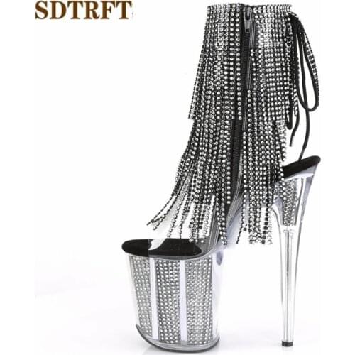 SDTRFT Stilettos 20cm Thin Heels Ankle boots transparent Platforms shoes Woman Rhinestone Tassels Botas Mujer Sequined pumps