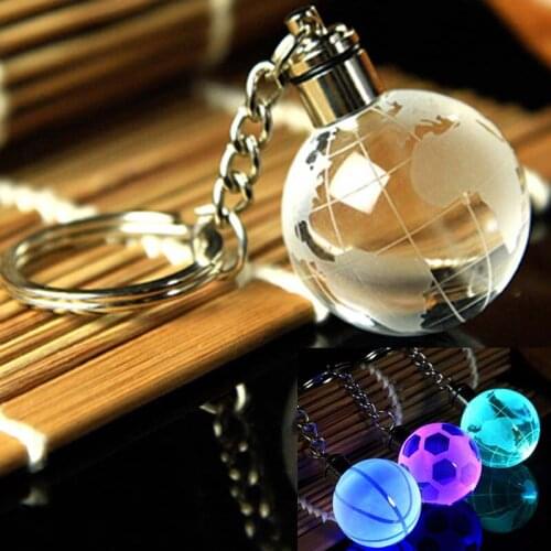 30mm LED Glow Crystal Tellurion Key Chain Toys Football Blasketball Pendant Keychain Keyrings Gift Present Children Party Favors
