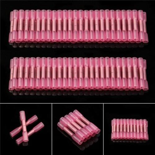 50PCS Heat Shrink Butt Terminals Electrical Wire Crimp Terminal Red Waterproof Insulated Seal Wire Connectors 22-16 AWG Pink