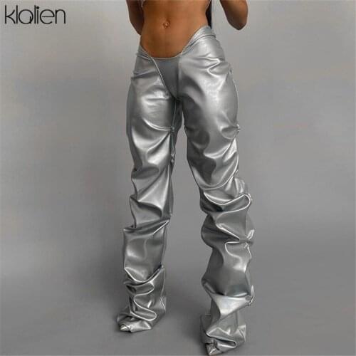 KLALIEN Autumn Fashion Casual PU Leather Stacked Pants For Women Autumn New Skinny Stretch Wild Basic Female Leggings Y2K