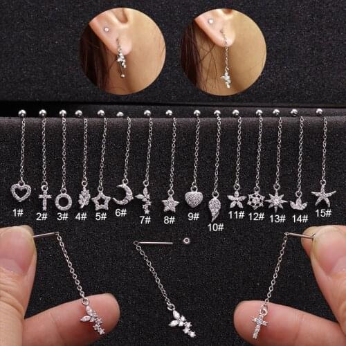 Ladies Piercing Jewellery Moon Star Cross Heart Wings Flower Cartilage Long Chain Tragus Helix Dangle Earring