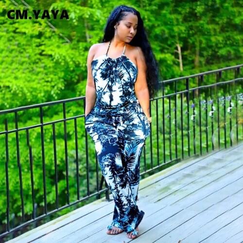 CM.YAYA Women Jumpsuit Print Sleeveless Halter Backless Pockets Jumpsuits Sexy One Piece Overalls Fashion Outfits Summer 2021