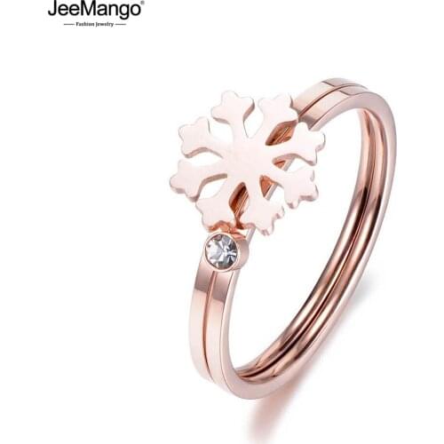 JeeMango Fashion Rose Gold Color Snowflake & Cubic Zirconia Rings Set For Women Stainless Steel Wedding Ring Jewelry JR18007