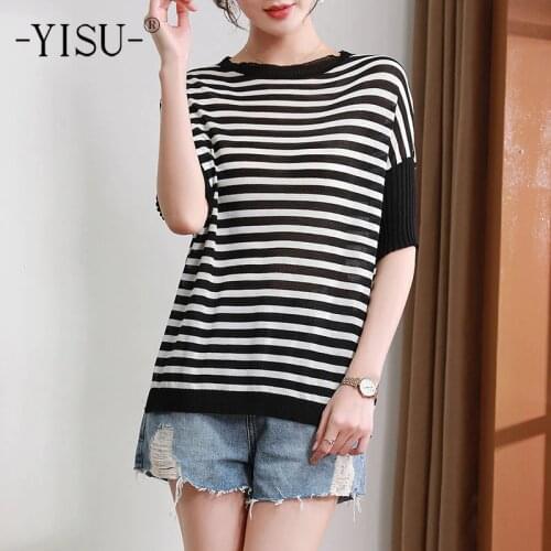 YISU Summer Loose Women Sweater O-Neck Stripe All-match Middle sleeve tops Female Casual Jumper Knitted pullover Thin section