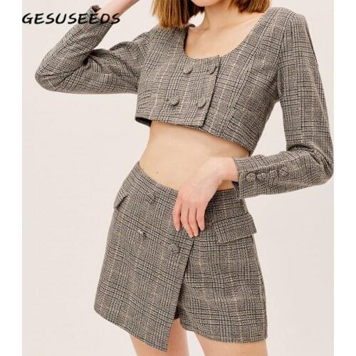 Vintage blazer women tweed jacket long sleeve square cropped blazer elegant plaid skirt shorts fall suit women blazer set korean