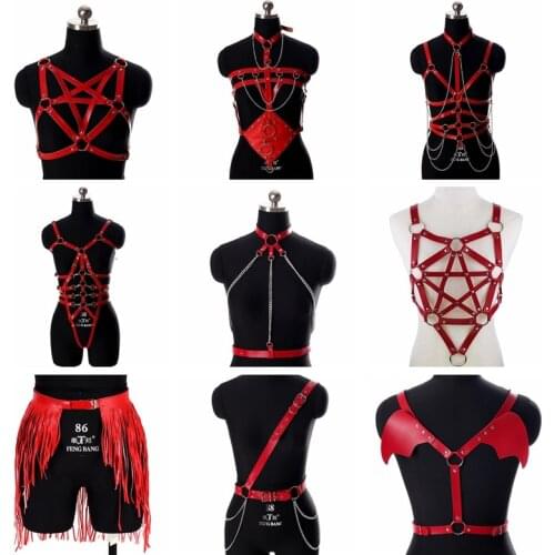 Red Lingerie Leather Harness Belt Chain Punk Fashion Street Bondage Top Chest Pentagram Sexy Suspender Adjustable Club Dance