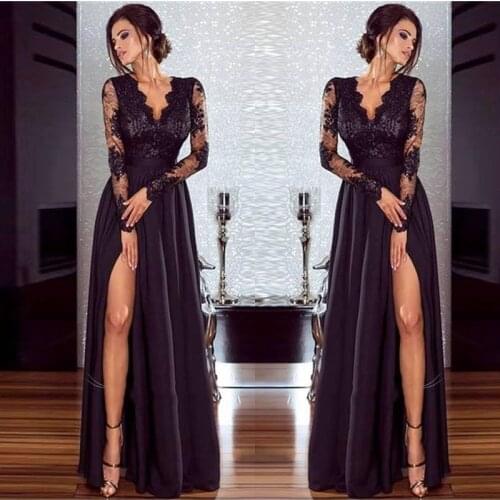 2021 European And American Foreign Trade Female Sexy Hollow Deep V Lace Splicing Long Sleeve Split Dress Vestido Oodji Vfemage