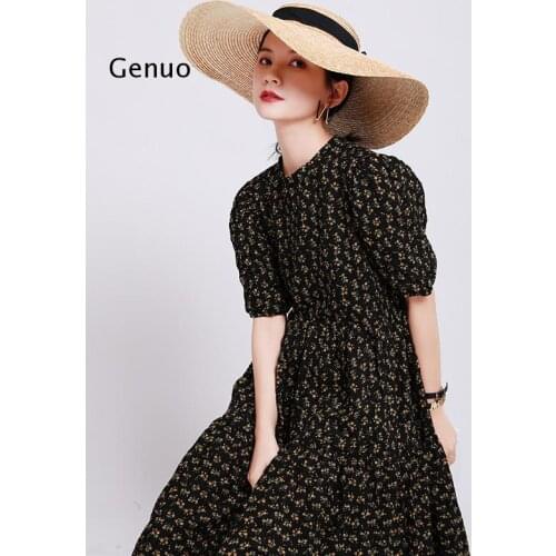 Korean Causal Floral Women Dress Puff Short Sleeve O-Neck Sweet Dresses Summer Femme