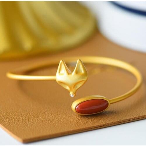 S925 Sterling Silver South Red Fox Bracelet Fashionable All-Match Natural Hetian Jade Yellow Gold South Red Bracelet Ornament Wo